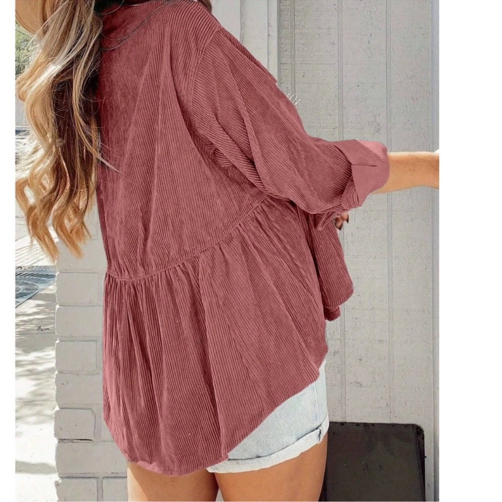 Plus Solid Corduroy Button Down Long Sleeve Shirt… - image 2